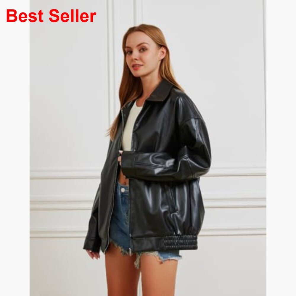 Oversized Faux Leather Jacket Women Motorcycle Coat Fall Winter - Picture 4 of 7